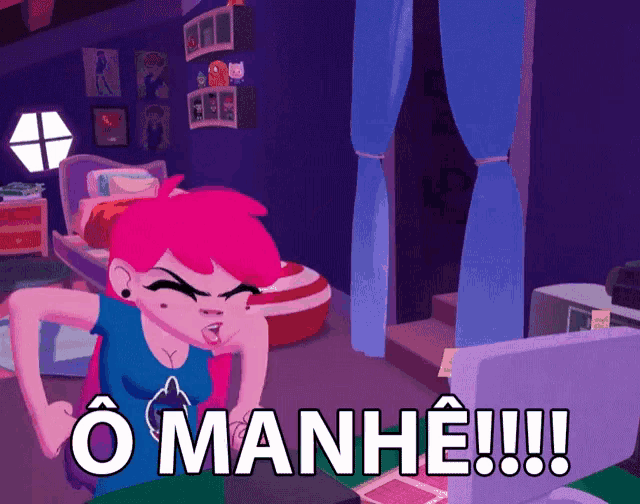 a cartoon of a girl sitting in front of a computer with the words " o manhe !!! " on the bottom