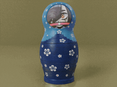 a blue green and orange russian nesting doll with a girl on it