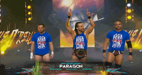 three wrestlers wearing blue shirts that say paragon on them