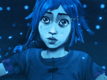a cartoon character with blue hair and freckles is looking at something
