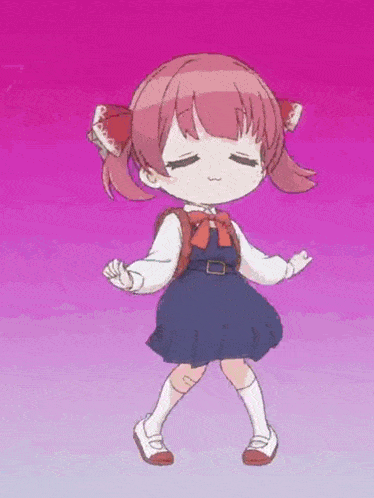 a little girl is dancing in front of a pink background . she is wearing a school uniform and a backpack .