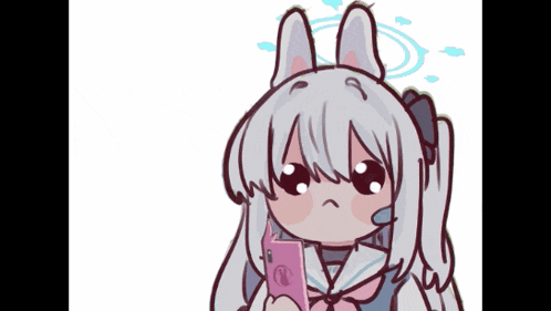 a cartoon of a girl with white hair holding a pink phone