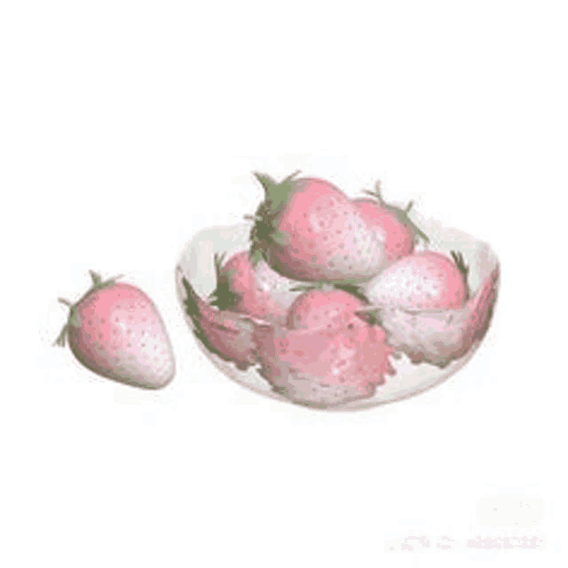 a bowl of pink strawberries on a white plate on a white background .