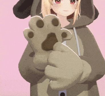 a 3d anime girl is wearing a dog hoodie and holding a paw in her hand .