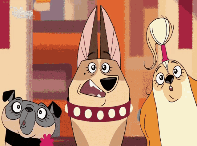 three cartoon dogs are standing next to each other with a disney logo on the bottom right