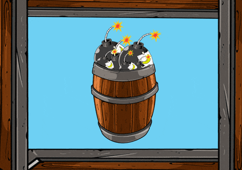 a cartoon drawing of a wooden barrel with three bombs in it