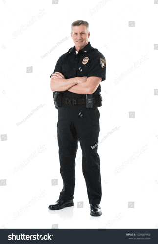 a police officer is standing with his arms crossed and smiling on a white background .