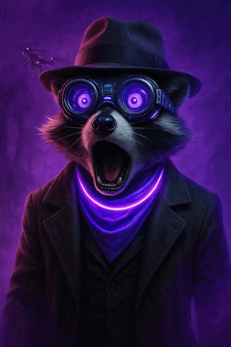 a raccoon wearing a black hat and goggles with purple eyes