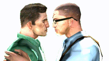 two men are looking at each other with glasses on