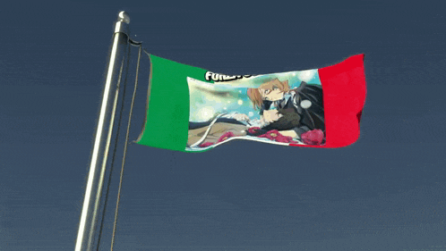 a flag with a picture of a man and the words " forza shokunin " on it