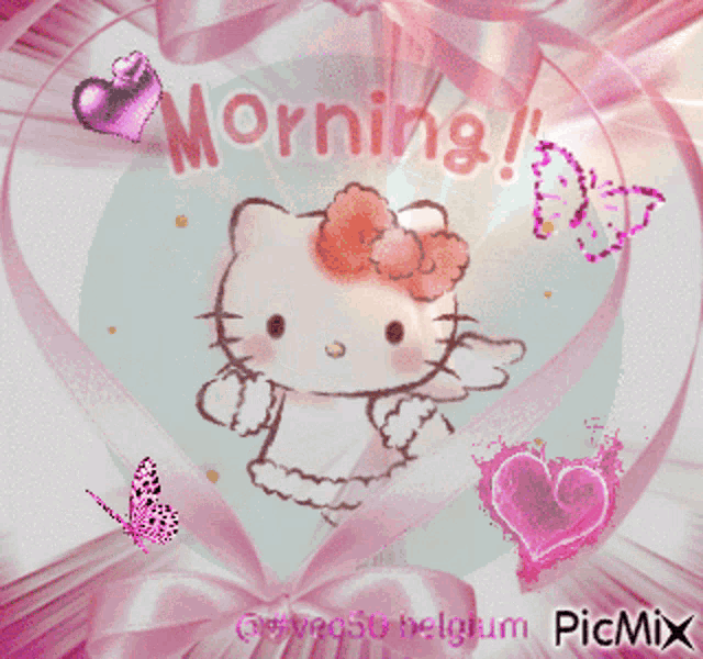 a picture of a hello kitty with the words morning written on it
