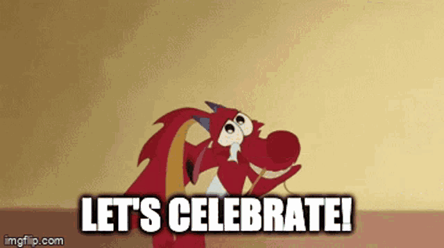 a cartoon dragon says let 's celebrate