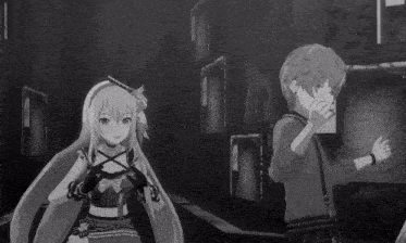 a black and white photo of a boy and a girl