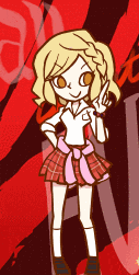 a cartoon girl with blonde hair and a plaid skirt giving a peace sign
