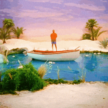 a man in an orange shirt stands on a boat in a lake