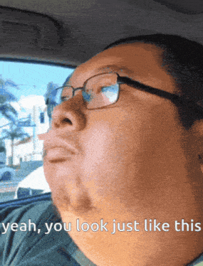 a man wearing glasses is sitting in a car and says " yeah you look just like this "