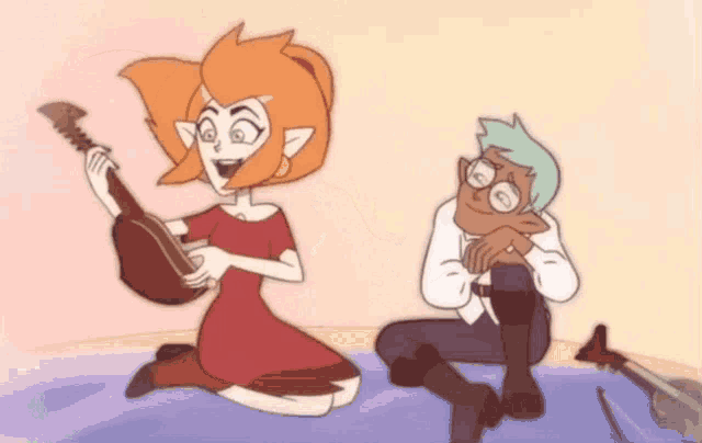 a cartoon of a man and a woman playing instruments .