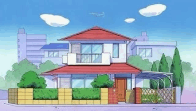 a cartoon drawing of a house with a red roof and a fence surrounding it .