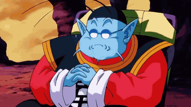 a cartoon character with blue ears and a red and yellow outfit