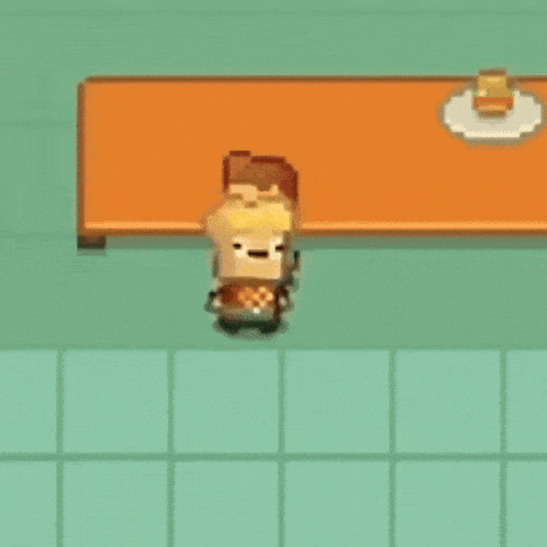 a pixel art drawing of a person sitting at a table with a sandwich on it