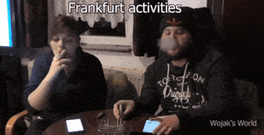a man smoking a cigarette and a woman smoking a cigarette with frankfurt activities written on the bottom
