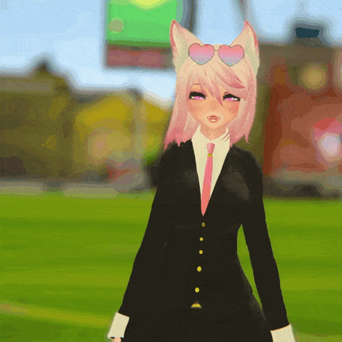 a girl with pink hair is wearing a black suit and pink tie