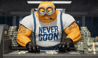 a cartoon character wearing a shirt that says " never goon "