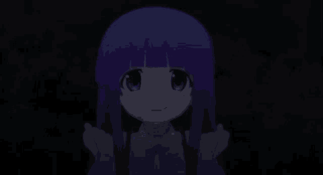 a little girl with purple hair and blue eyes is standing in the dark with her mouth open .