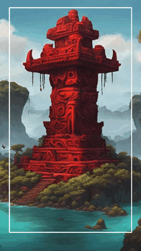 a painting of a red tower in the middle of a body of water