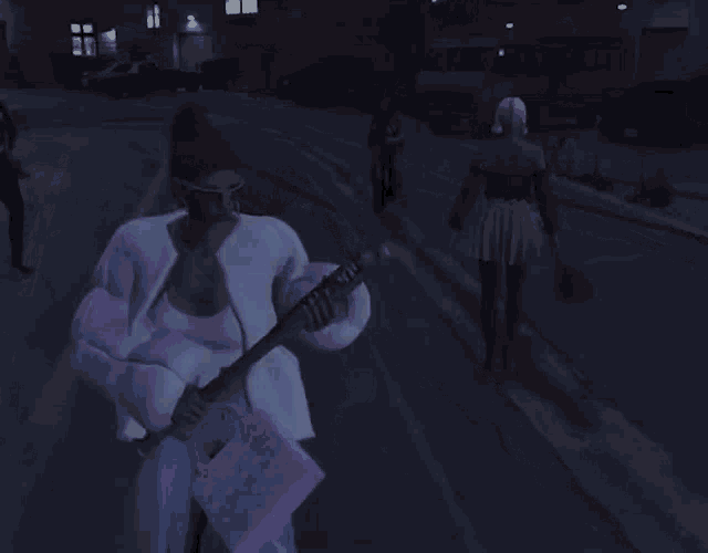 a woman in a white coat is holding a baseball bat
