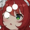 a close up of a red haired anime girl with green eyes and glasses .