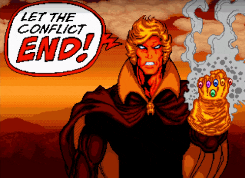 a cartoon of a man holding a glove that says let the conflict end