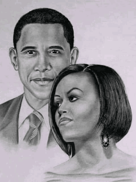 a black and white drawing of barack obama and michelle obama