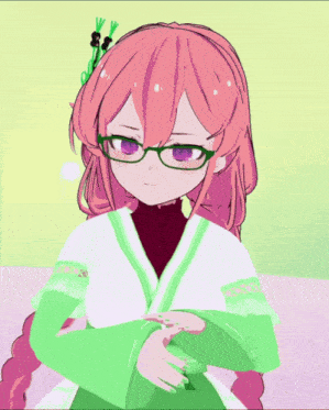 a girl with pink hair and glasses is wearing a green kimono