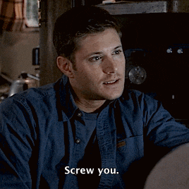 a man in a denim shirt says screw you