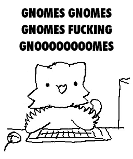 a black and white drawing of a cat sitting at a desk with the words gnomes gnomes gnomes fucking