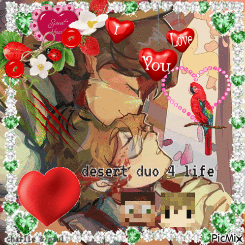 a picture of a man and woman kissing with the words desert duo 4 life