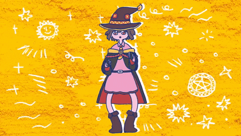 a cartoon drawing of a girl in a witch costume on a yellow background