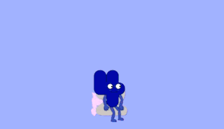 a blue cartoon character with a fist in the air and the word four in the background