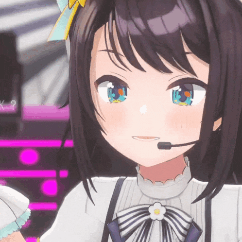 a close up of a anime girl with a microphone
