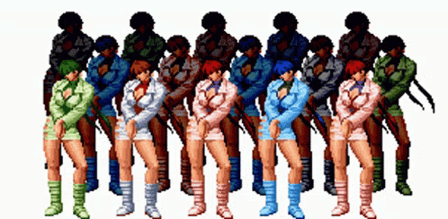 a pixel art of a group of women standing in a line