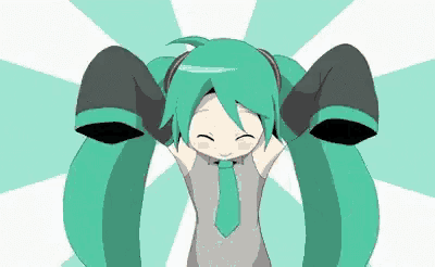 a cartoon girl with long green hair and a tie is dancing with her arms in the air .
