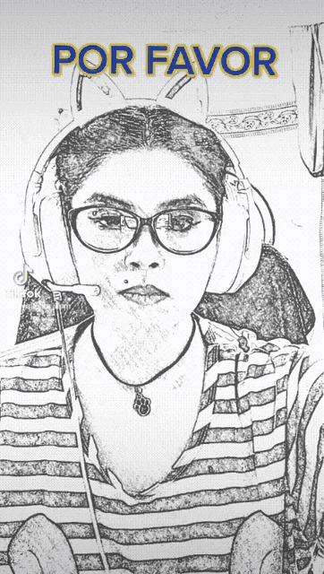 a drawing of a woman wearing headphones and glasses with the words por favor above her
