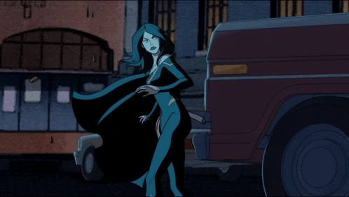 a cartoon of a woman in a blue cape standing next to a red van