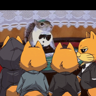 a group of cartoon cats are watching a squirrel wearing a tuxedo