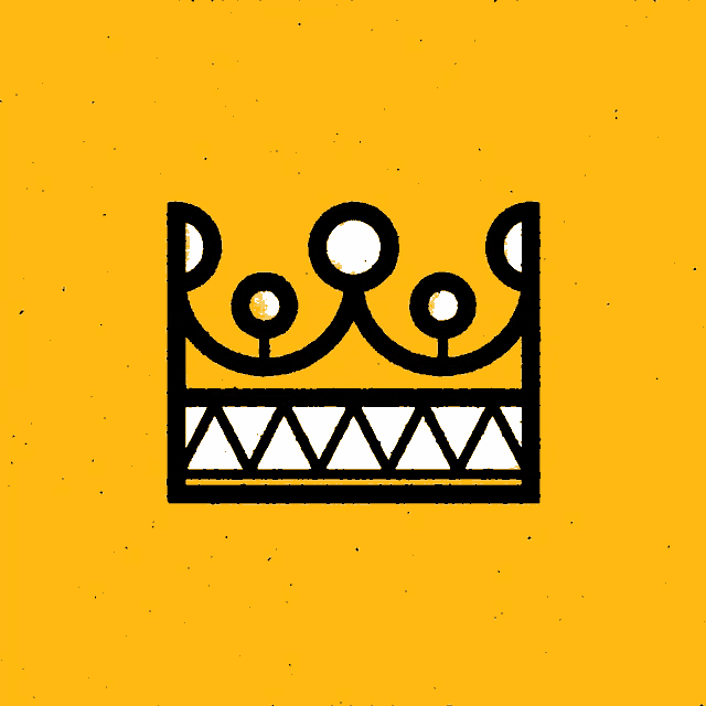 a black and white drawing of a crown with a yellow background