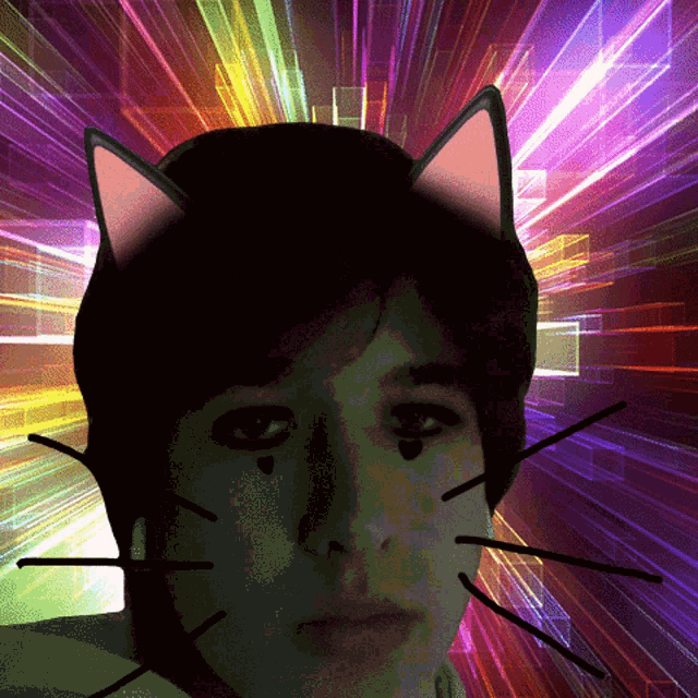 a person with cat ears on their face with a rainbow background