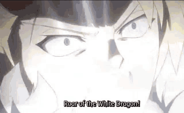 a close up of a person 's face with the words `` roar of the white dragon '' written on the bottom .