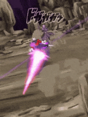 a person is flying through the air in a video game with a purple light coming out of their mouth .