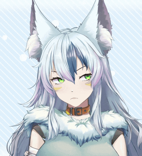 a drawing of a girl with white hair and a collar